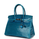 Hermes Birkin 30 Bleu Izmir Shiny Niloticus Crocodile Palladium Hardware