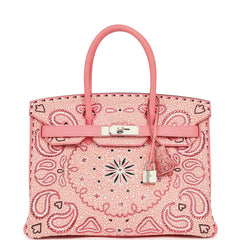 Custom "Paisley Bandana" Swarovski Crystal Hermes Birkin 30 Rose Azalee Clemence Palladium Hardware