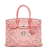 Custom "Paisley Bandana" Swarovski Crystal Hermes Birkin 30 Rose Azalee Clemence Palladium Hardware - Thumbnail View 1