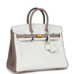 Hermes Special Order (HSS) Birkin 25 White and Gris Tourterelle Clemence Gold Hardware