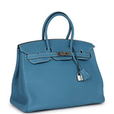 Pre-owned Hermes Birkin 35 Blue Jean Togo Palladium Hardware