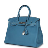 Pre-owned Hermes Birkin 35 Blue Jean Togo Palladium Hardware