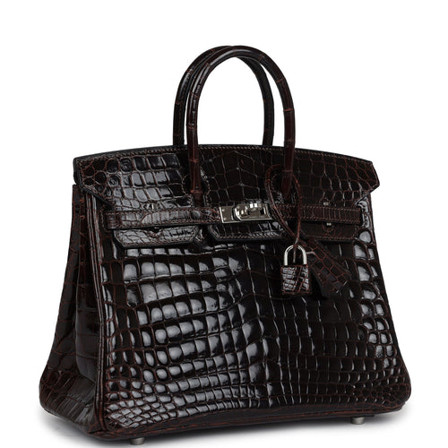 Pre-owned Hermes Birkin 25 Havane Shiny Niloticus Crocodile Palladium Hardware