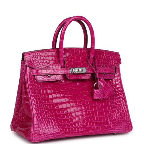 Hermes Birkin 25 Rose Scheherazade Shiny Porosus Crocodile Palladium Hardware