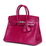 Hermes Birkin 25 Rose Sheherazade Shiny Porosus Crocodile Palladium Hardware