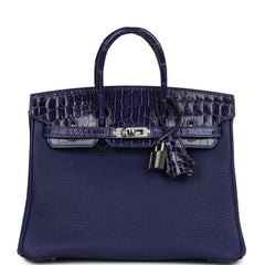 Pre-owned Hermes Birkin 25 Touch Bleu Encre Togo and Shiny Niloticus Crocodile Palladium Hardware