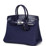 Pre-owned Hermes Birkin 25 Touch Bleu Encre Togo and Shiny Niloticus Crocodile Palladium Hardware