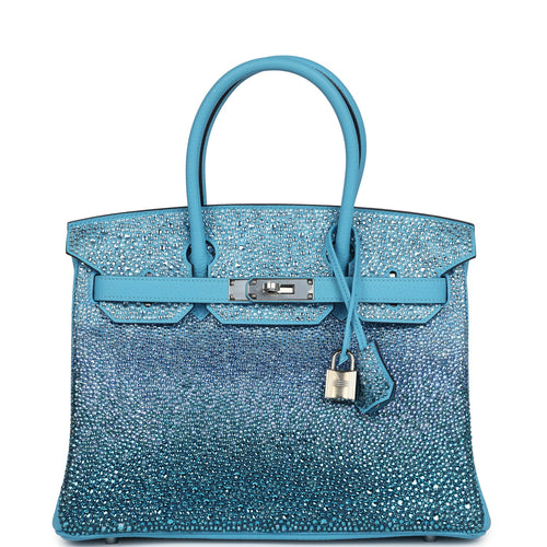 Custom Ombre Swarovski Crystal Hermes Birkin 30 Bleu Du Nord Clemence Palladium Hardware