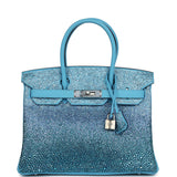 Custom Ombre Swarovski Crystal Hermes Birkin 30 Bleu Du Nord Clemence Palladium Hardware