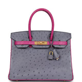 Pre-owned Hermes Special Order (HSS) Birkin 30 Rose Pourpre and Gris Agate Ostrich Brushed Gold Hardware