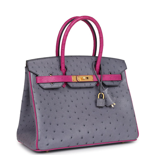 Pre-owned Hermes Special Order (HSS) Birkin 30 Rose Pourpre and Gris Agate Ostrich Brushed Gold Hardware