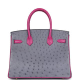 Pre-owned Hermes Special Order (HSS) Birkin 30 Rose Pourpre and Gris Agate Ostrich Brushed Gold Hardware