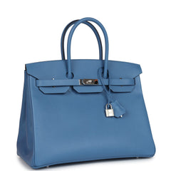 Pre-owned Hermes Birkin 35 Bleu Azur Epsom Palladium Hardware