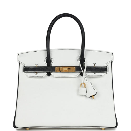Hermes Special Order (HSS) Birkin 30 White and Black Clemence Brushed Gold Hardware