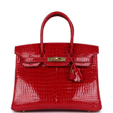 Hermes Birkin 30 Braise Shiny Porosus Crocodile Gold Hardware