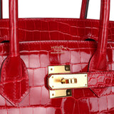 Hermes Birkin 30 Braise Shiny Porosus Crocodile Gold Hardware