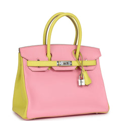 Pre-owned Hermes Special Order (HSS) Birkin 30 Rose Confetti and Lime Chevre Mysore Palladium Hardware