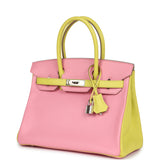 Pre-owned Hermes Special Order (HSS) Birkin 30 Rose Confetti and Lime Chevre Mysore Palladium Hardware