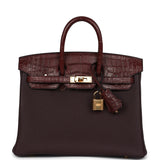 Pre-owned Hermes Birkin 25 Rouge Sellier Togo and Bourgogne Matte Alligator Touch Gold Hardware