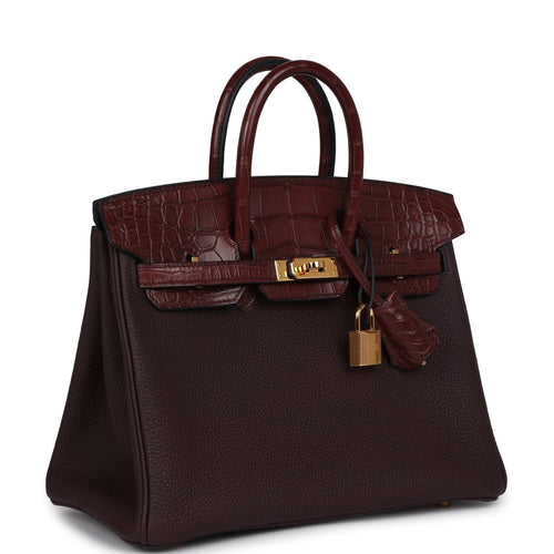 Pre-owned Hermes Birkin 25 Rouge Sellier Togo and Bourgogne Matte Alligator Touch Gold Hardware