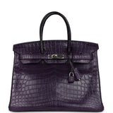 Pre-owned Hermes Birkin 35 Amethyst Matte Niloticus Crocodile Palladium Hardware