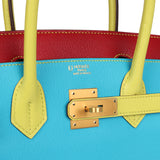 Hermes Special Order (HSS) Tri-color Birkin 30 Bleu Aztec, Soufre and Rouge Vif Chevre Brushed Gold Hardware