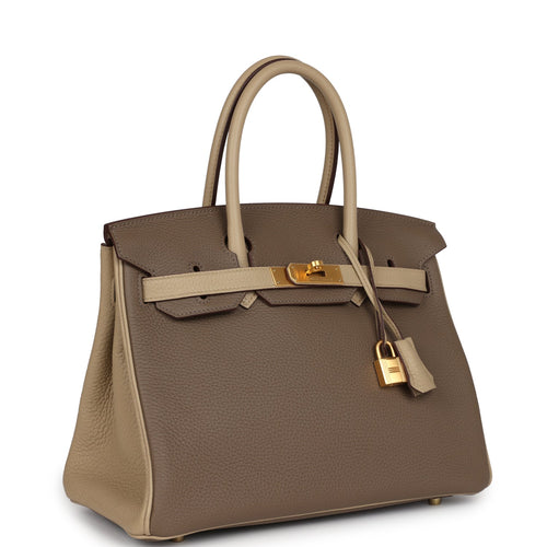 Pre-owned Hermes Special Order (HSS) Birkin 30 Bi-Color Gris Tourterelle and Etoupe Clemence Brushed Gold Hardware