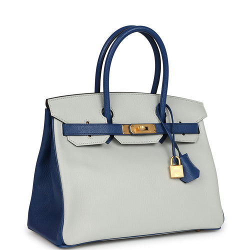Hermes Special Order (HSS) Birkin 30 Gris Perle and Bleu Saphir Chevre Brushed Gold Hardware
