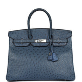 Pre-owned Hermes Birkin 35 Bleu Roi Ostrich Palladium Hardware