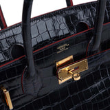 Hermes Birkin 30 Bleu Marine and Rouge H Contour Shiny Porosus Crocodile Gold Hardware