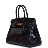 Hermes Birkin 30 Bleu Marine and Rouge H Contour Shiny Porosus Crocodile Gold Hardware