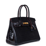 Hermes Birkin 30 Bleu Marine and Rouge H Contour Shiny Porosus Crocodile Gold Hardware