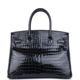 Hermes Birkin 30 Bleu Marine and Rouge H Contour Shiny Porosus Crocodile Gold Hardware