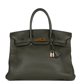 Vintage Hermes Birkin 35 Vert Olive Clemence Gold Hardware