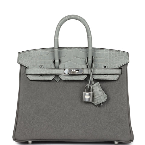 Hermes Birkin 25 Gris Meyer Togo and Gris Ciment Matte Alligator Touch Palladium Hardware