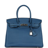 Pre-owned Hermes Birkin 30 Bleu Thalassa Clemence Palladium Hardware