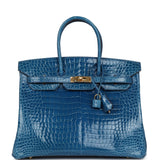 Pre-owned Hermes Birkin 35 Bleu Mykonos Shiny Porosus Crocodile Gold Hardware