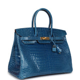 Pre-owned Hermes Birkin 35 Bleu Mykonos Shiny Porosus Crocodile Gold Hardware