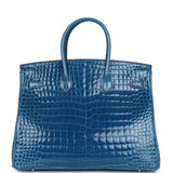 Pre-owned Hermes Birkin 35 Bleu Mykonos Shiny Porosus Crocodile Gold Hardware