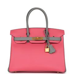 Pre-owned Hermes Special Order (HSS) Birkin 30 Rose Azalee and Gris Mouette Epsom Brushed Gold Hardware