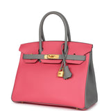 Pre-owned Hermes Special Order (HSS) Birkin 30 Rose Azalee and Gris Mouette Epsom Brushed Gold Hardware