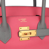 Pre-owned Hermes Special Order (HSS) Birkin 30 Rose Azalee and Gris Mouette Epsom Brushed Gold Hardware