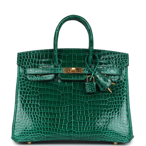 Hermes Birkin 25 Emerald Shiny Porosus Crocodile Gold Hardware