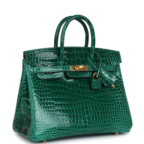 Hermes Birkin 25 Emerald Shiny Porosus Crocodile Gold Hardware