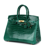 Hermes Birkin 25 Emerald Shiny Porosus Crocodile Gold Hardware