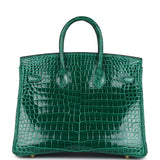 Hermes Birkin 25 Emerald Shiny Porosus Crocodile Gold Hardware