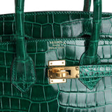 Hermes Birkin 25 Emerald Shiny Porosus Crocodile Gold Hardware