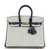 Hermes Special Order (HSS) Birkin 25 Gris Perle and Bleu Iris Ostrich Permabrass Hardware