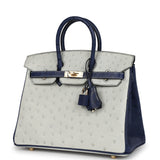 Hermes Special Order (HSS) Birkin 25 Gris Perle and Bleu Iris Ostrich Permabrass Hardware