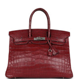 Vintage Hermes Travel Birkin 35 Rouge H Niloticus Crocodile Brushed Palladium Hardware